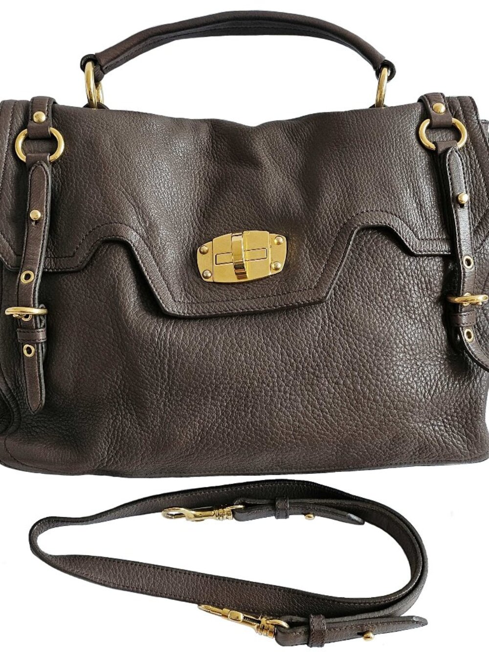 MIU MIU BROWN EAST WEST LEATHER SATCHEL BAG